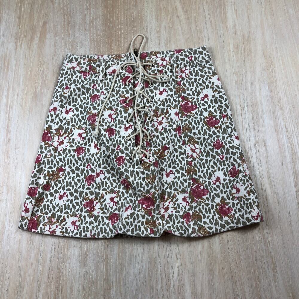 Umgee Lace Up Front Floral Leopard Animal Print Boho Casual Mini Skirt Small